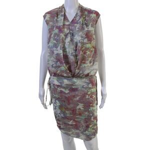 IRO Women Shift Dress Camouflage V-Neck Short Sleeve Silk Drawstring Size S